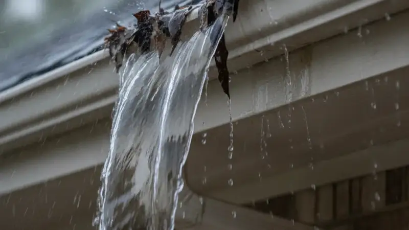 Rain overflowing from clogged gutters down the side of a house
