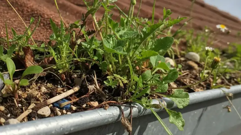 Plants and weeds growing out of a debris-filled gutter