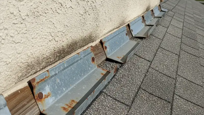 Metal step flashing at a residential roof-to-wall junction, a common leak point