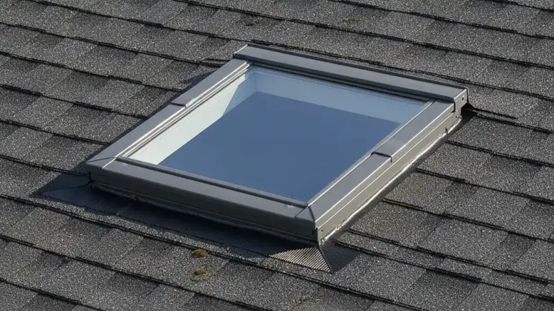 Residential roof skylight with its perimeter flashing and seal