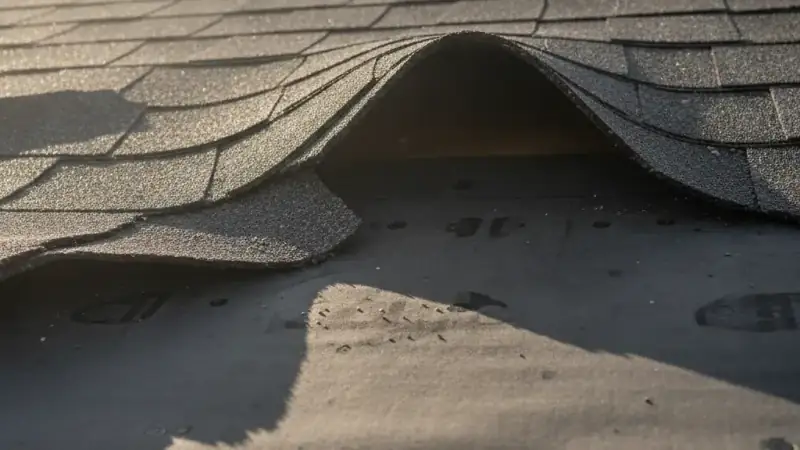 Roofing underlayment membrane exposed beneath lifted shingles