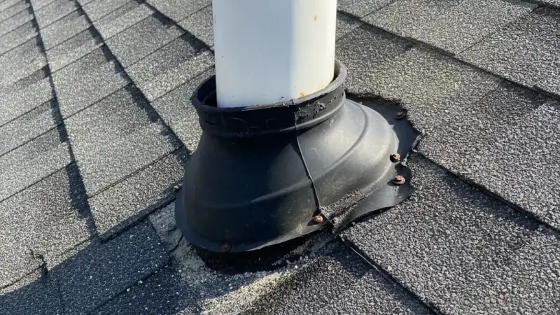Residential roof vent pipe with a rubber boot flashing, a common penetration leak point