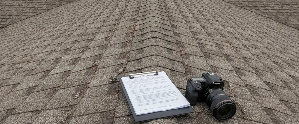 Residential asphalt shingle rooftop with an inspection clipboard and camera resting on the surface, documenting an aging roof's condition for insurance
