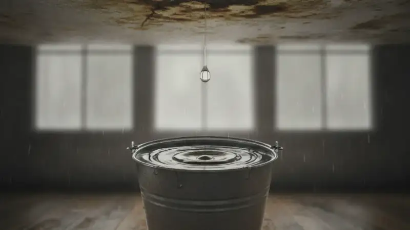 Water dripping from a ceiling into a bucket during rain, an active roof leak