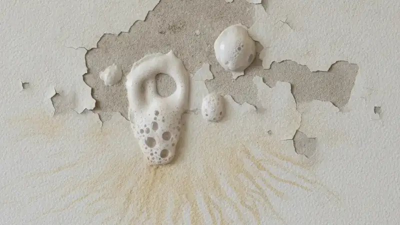 Bubbling and blistering wall paint below a roof leak