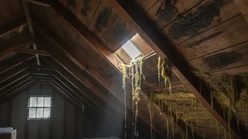 Damp darkened roof decking and wet insulation visible in an attic