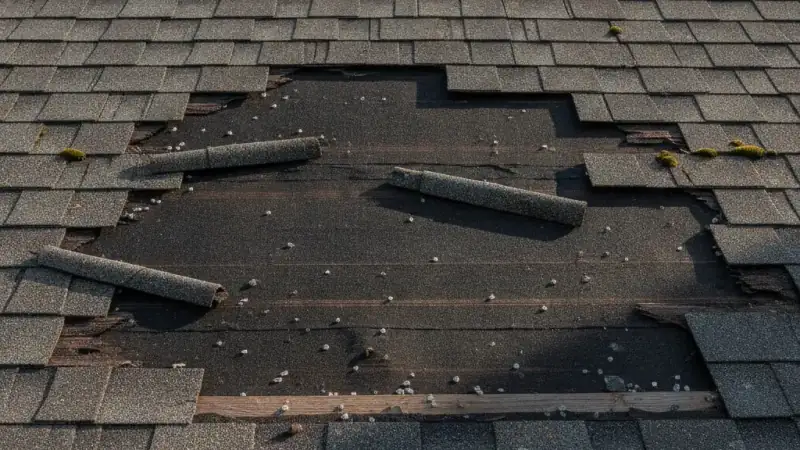 Roof section with missing and lifted shingles exposing underlayment where water enters