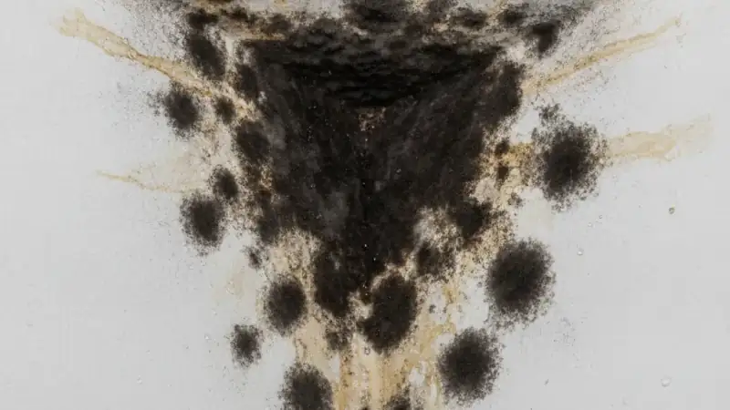 Black mold spotting in a ceiling corner caused by chronic roof moisture