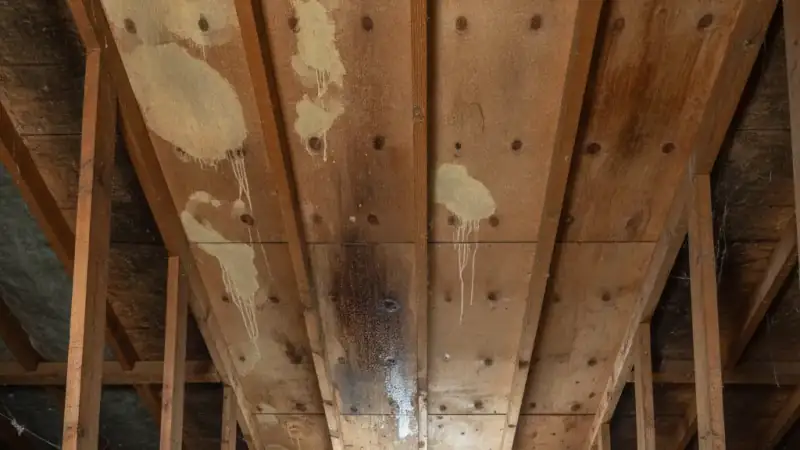 Attic with multiple water stains showing widespread roof leaks
