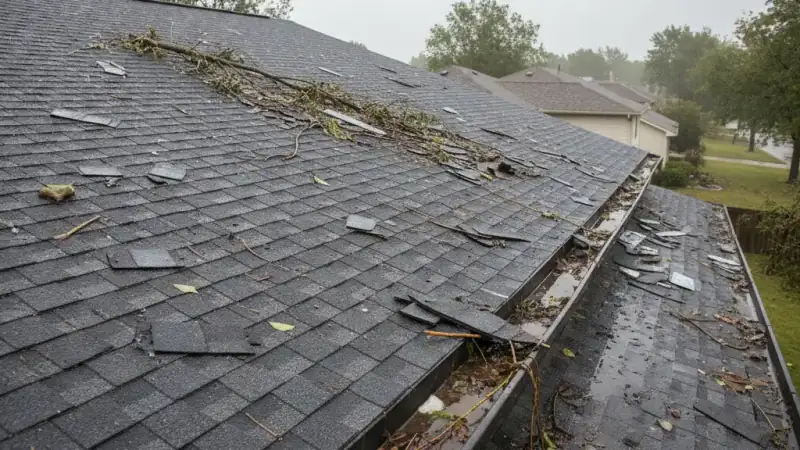 Residential roof after a storm with displaced shingles and scattered roofing debris