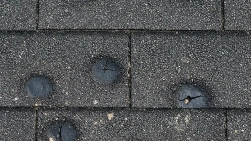 Close-up of hail bruising and dark impact marks on asphalt shingles