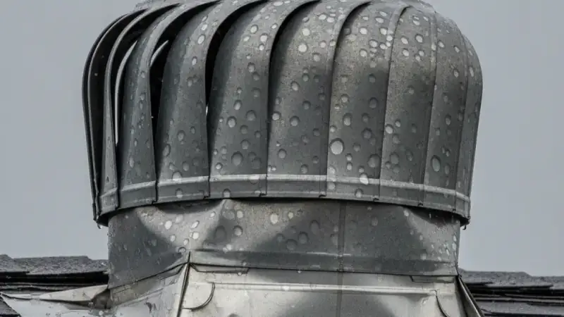 Dented metal roof vent and flashing from hail impact