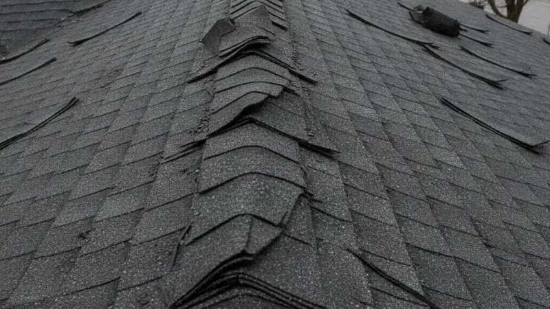 Wind-lifted and creased asphalt shingles on a roof after a storm