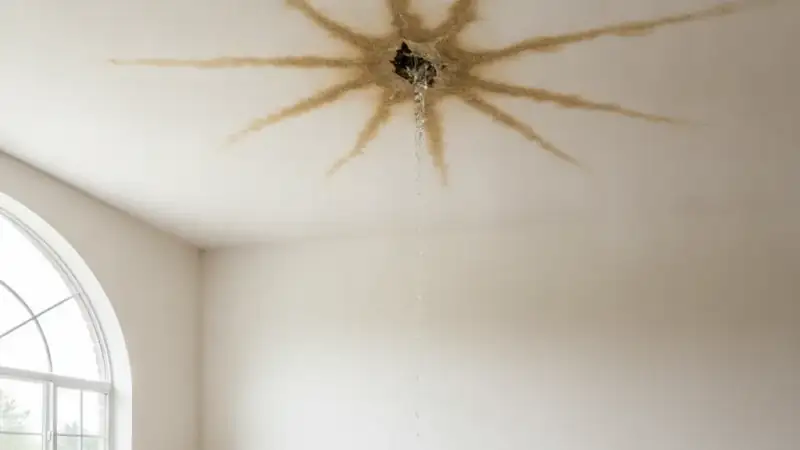 Water stain forming on a ceiling after storm damage to the roof above
