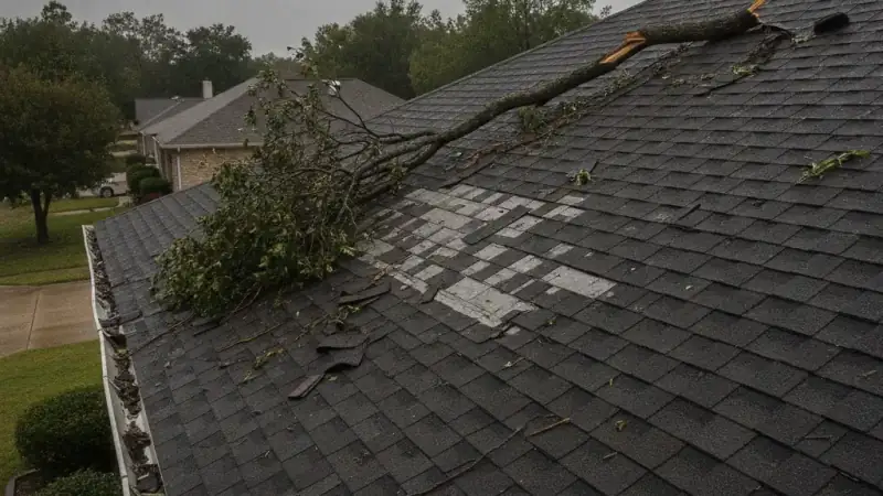Scattered shingle debris and a downed branch on a roof after a storm