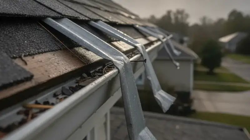 Bent and displaced metal drip edge and flashing after a storm