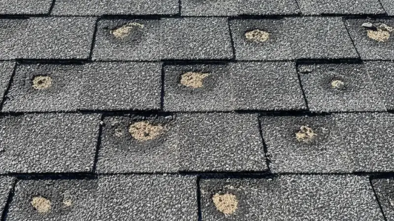 Asphalt shingles with round hail impact bruises and lost granules