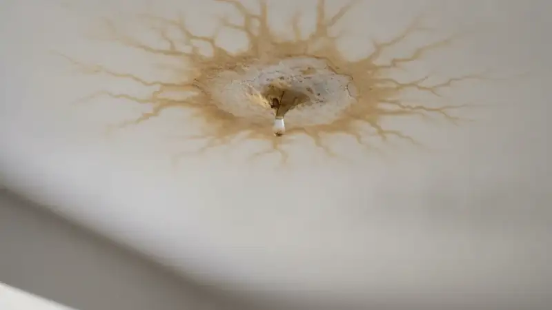 Water stain forming on an interior ceiling after storm damage to the roof