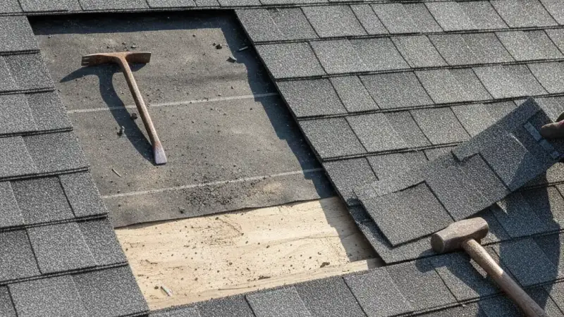 Section of a residential roof where damaged shingles are being replaced with new ones