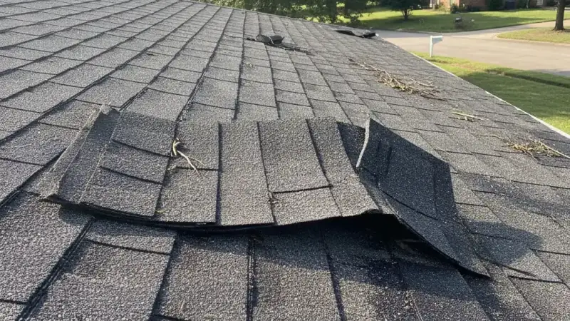 Residential asphalt shingle roof with wind-lifted and creased shingles