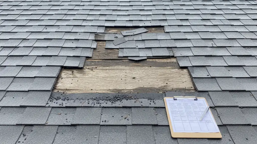Residential roof after a winter storm showing displaced shingles and scattered roofing debris