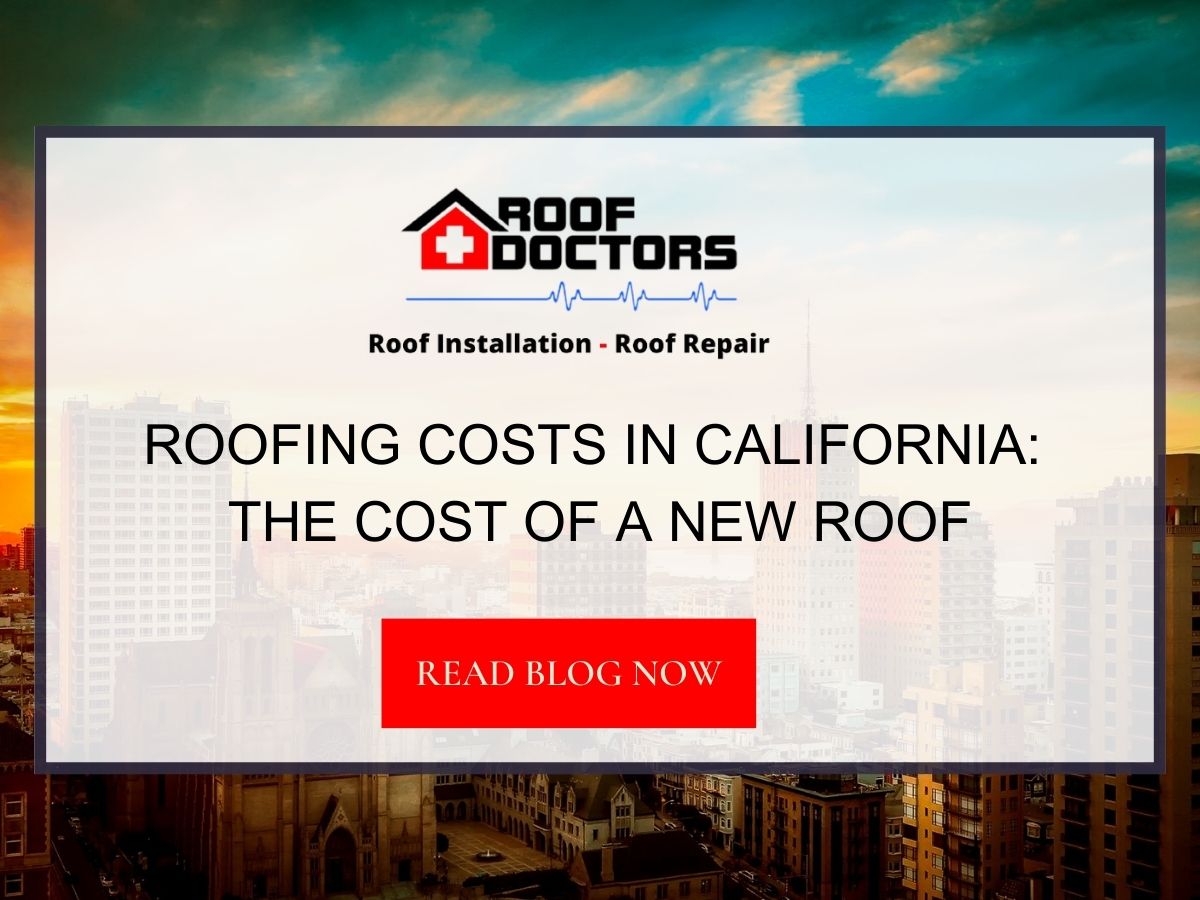 Front image of a blog titled "Roofing Costs in California: The cost of a new roof" with city view of California as the background and the title displayed in serif typography