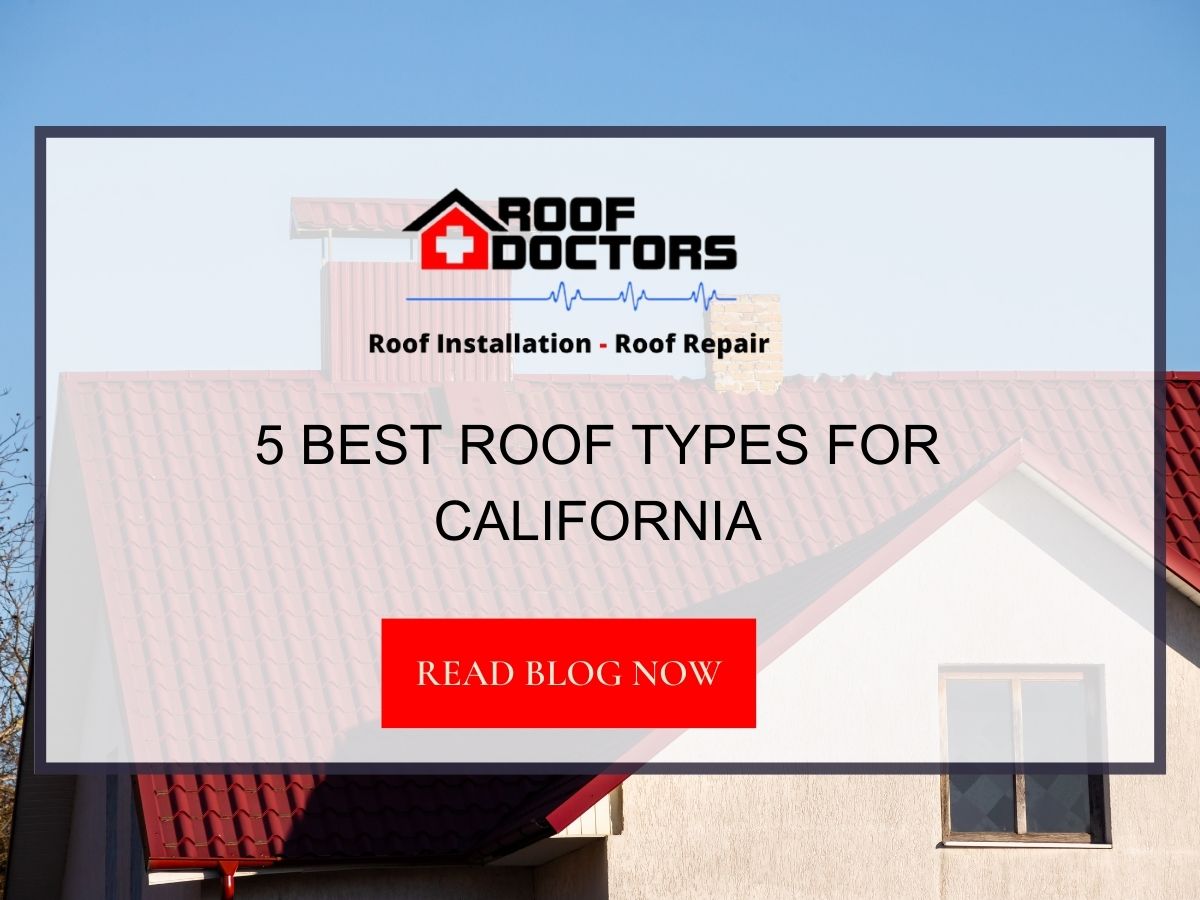 Front image of a blog titled "5 Best Roof Types For California" with red concrete tile roof house on a blue sky day as the background and the title displayed in serif typography