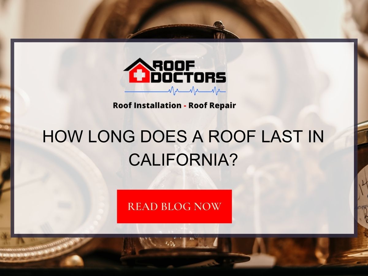 Front image of a blog titled "How Long Does a Roof Last in California? " with an ancient hourglass surrounded by clocks as the background and the title displayed in serif typography