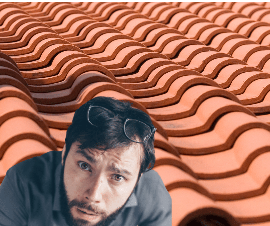 Guy in front of a tile roof