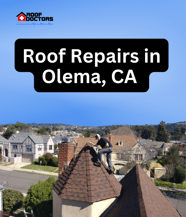 A man standing on steep shingle roof turret with a blue sky background with the text " Roof Repairs in Olema, Ca" overlayed