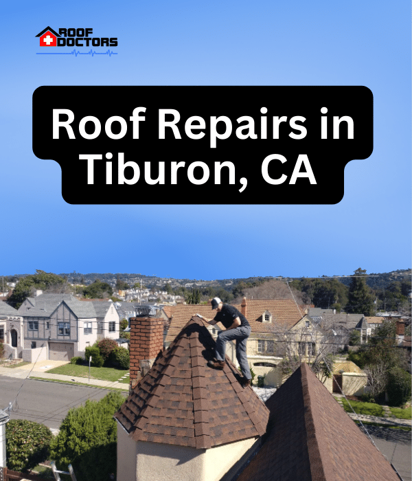 A man standing on steep shingle roof turret with a blue sky background with the text " Roof Repairs in Tiburon, Ca" overlayed