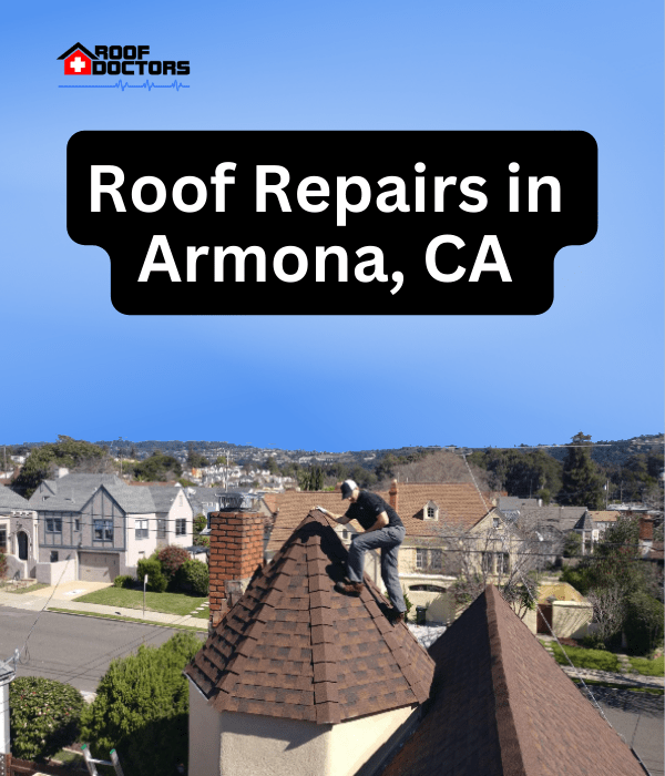 roof turret with a blue sky background with the text " Roof Repairs in Armona, Ca" overlayed