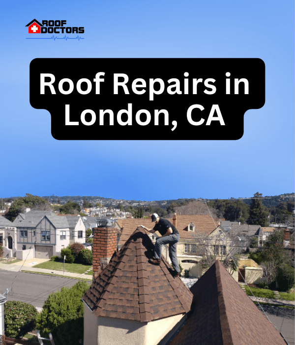 A man standing on steep shingle roof turret with a blue sky background with the text " Roof Repairs in London, Ca" overlayed