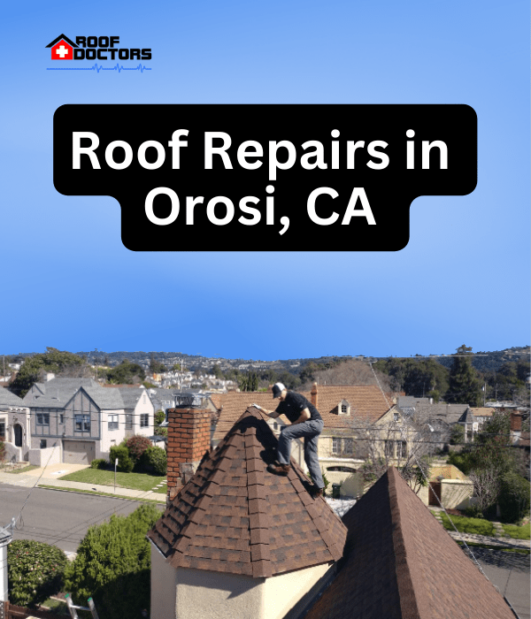 A man standing on steep shingle roof turret with a blue sky background with the text " Roof Repairs in Orosi, Ca" overlayed