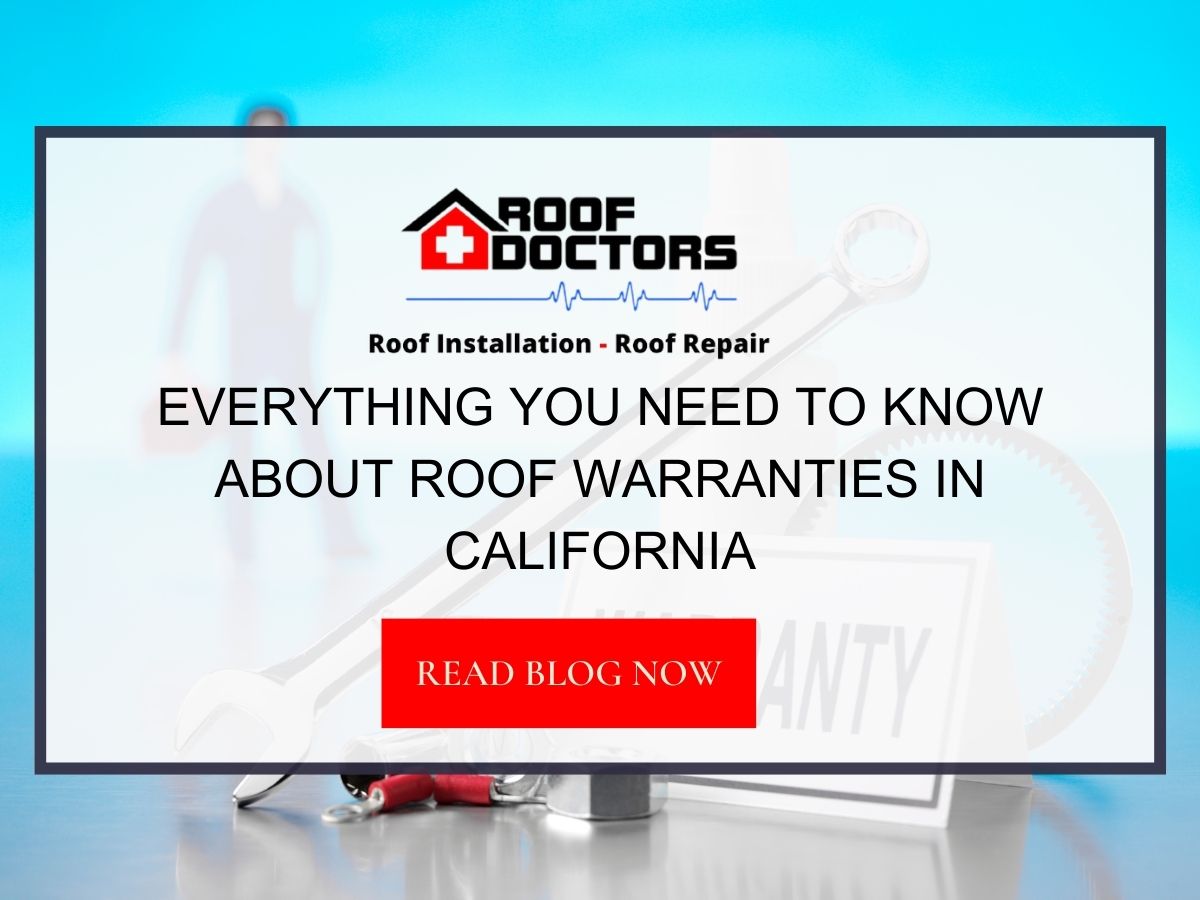 Front image of a blog titled "Everything You Need To Know About Roof Warranties In California" with a warranty illustration as the background and the title displayed in serif typography