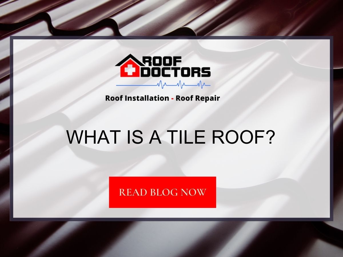 Front image of a blog titled "What is a Tile Roof? " with a maroon metal tile roof as the background and the title displayed in serif typography