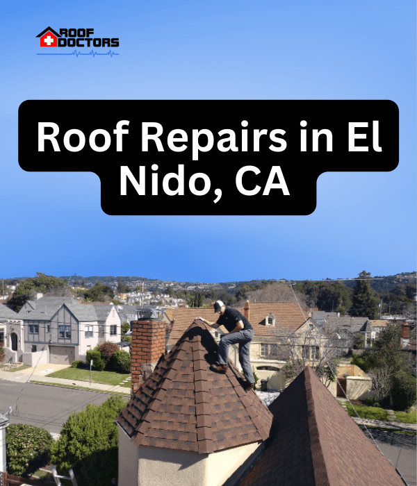 roof turret with a blue sky background with the text " Roof Repairs in El Nido, Ca" overlayed
