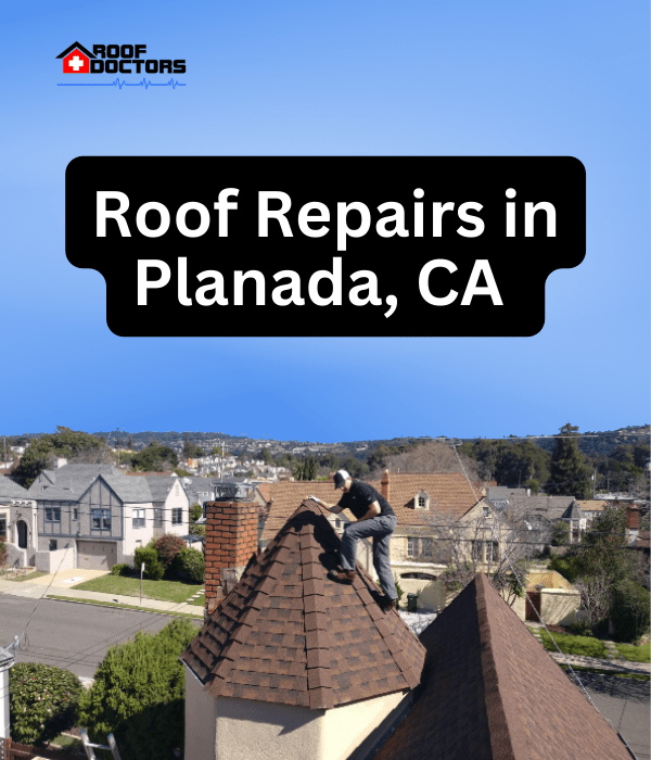 roof turret with a blue sky background with the text " Roof Repairs in Planada, Ca" overlayed