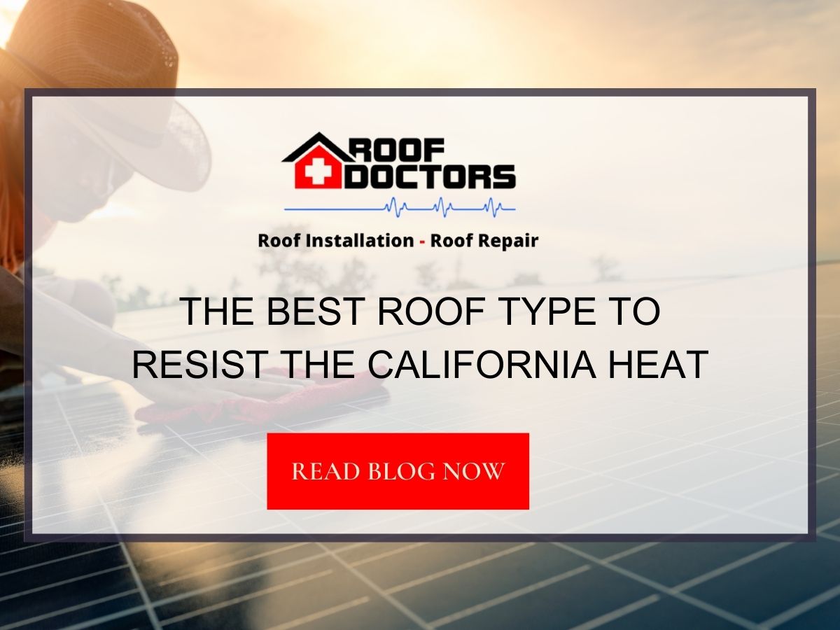 Front image of a blog titled "The Best Roof Type To Resist The California Heat " with a roofer cleaning solar panels on a roof under the scorching sun as the background and the title displayed in serif typography