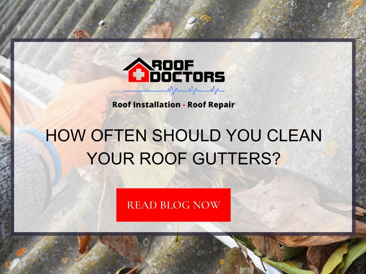 Front image of a blog titled "How Often Should You Clean Your Roof Gutters? " with a roofer cleaning her roof as the background and the title displayed in serif typography