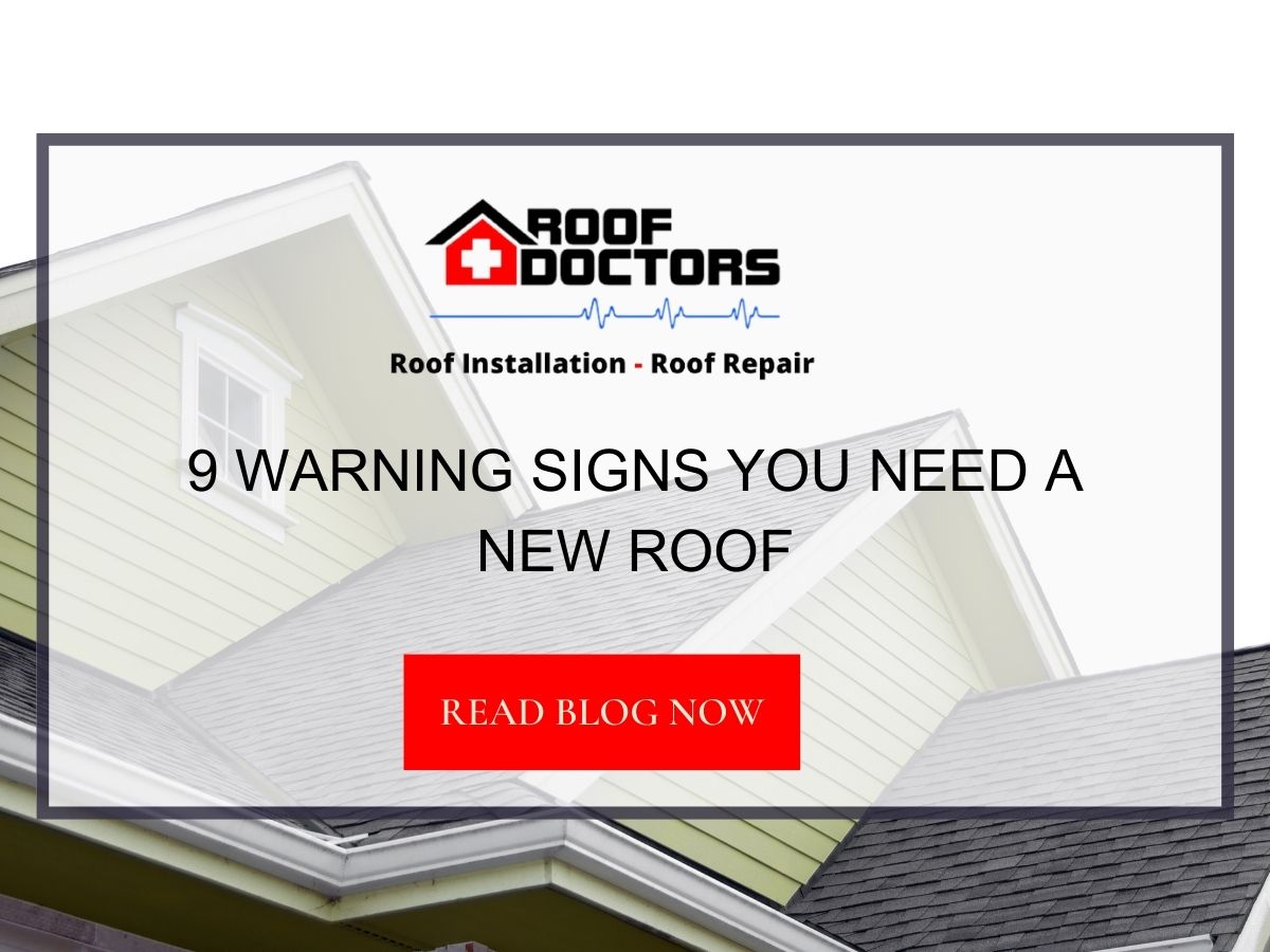 Front image of a blog titled "9 Warning Signs You Need A New Roof " with a newly installed asphalt shingle roof as the background and the title displayed in serif typography