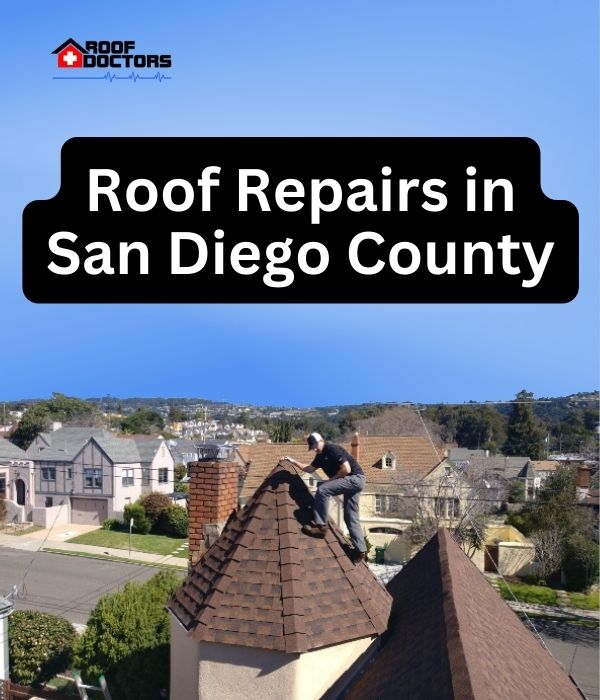 roof turret with a blue sky background with the text " Roof Repairs in San Diego County" overlayed