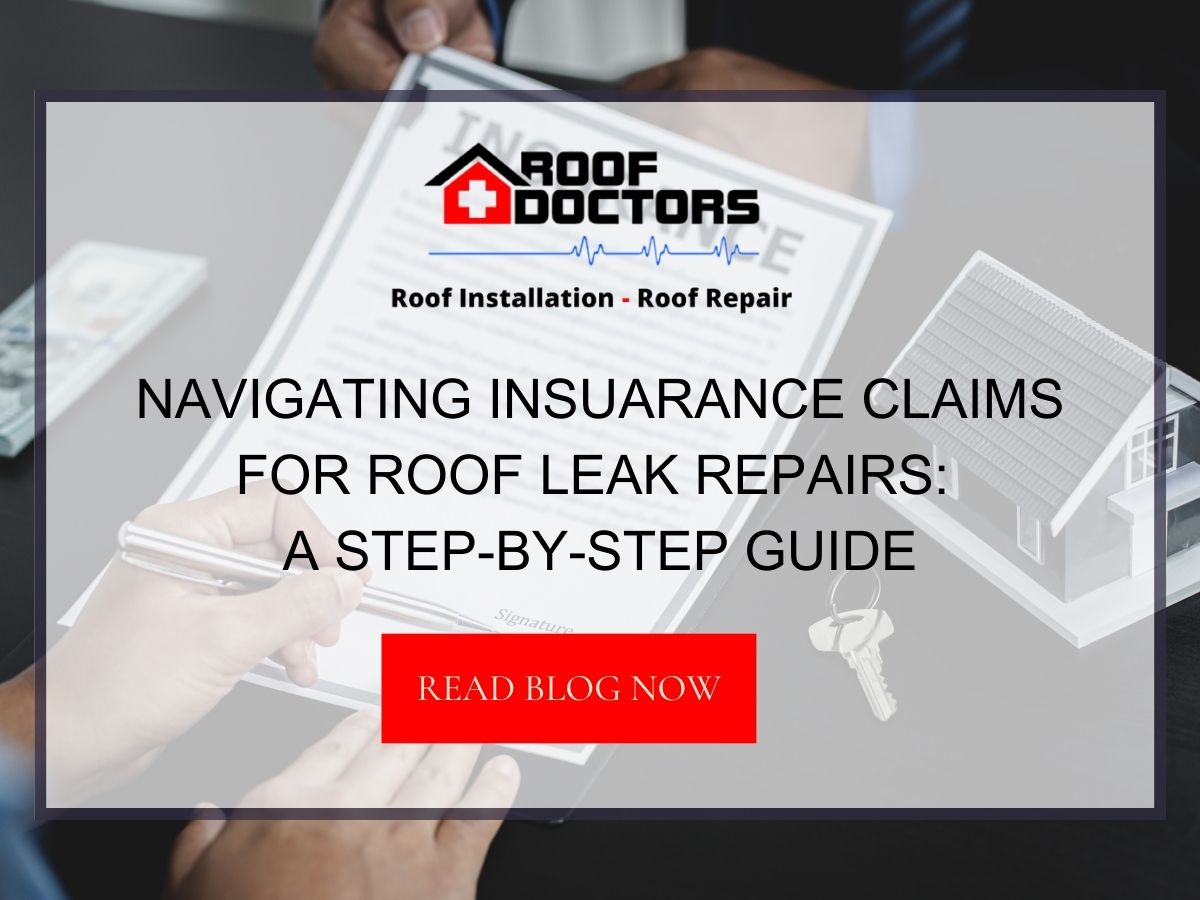 Front image of a blog titled "Navigating insurance claims for roof leak repairs: A step-by-step guide" with two people seated on a black desk holding insurance document in the background and the title displayed in serif typography