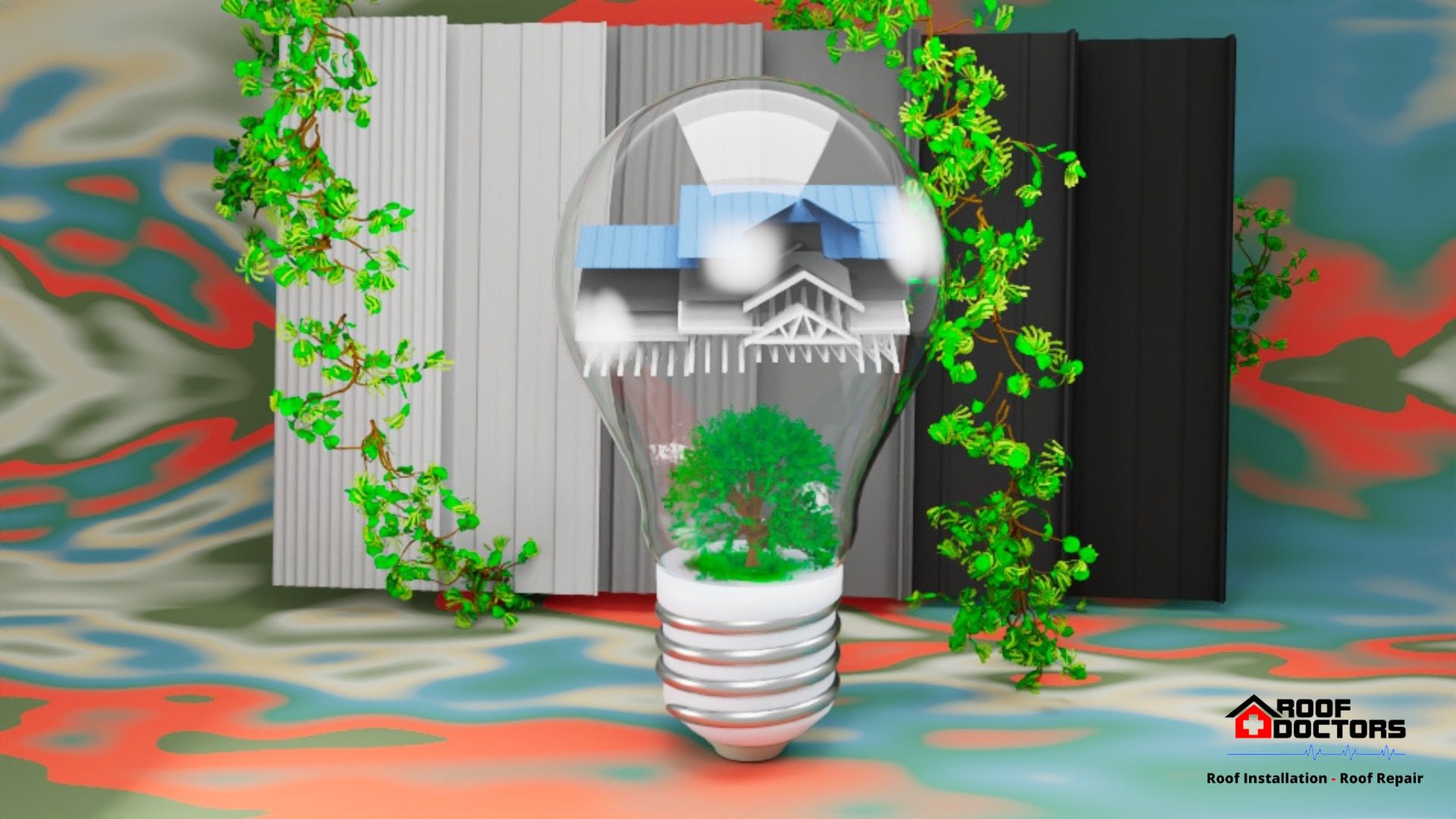 infographic illustration of a bulb containing a green roof and tree surrounded by black and white roof colors on a colorful background for the best roof colors for energy efficiency