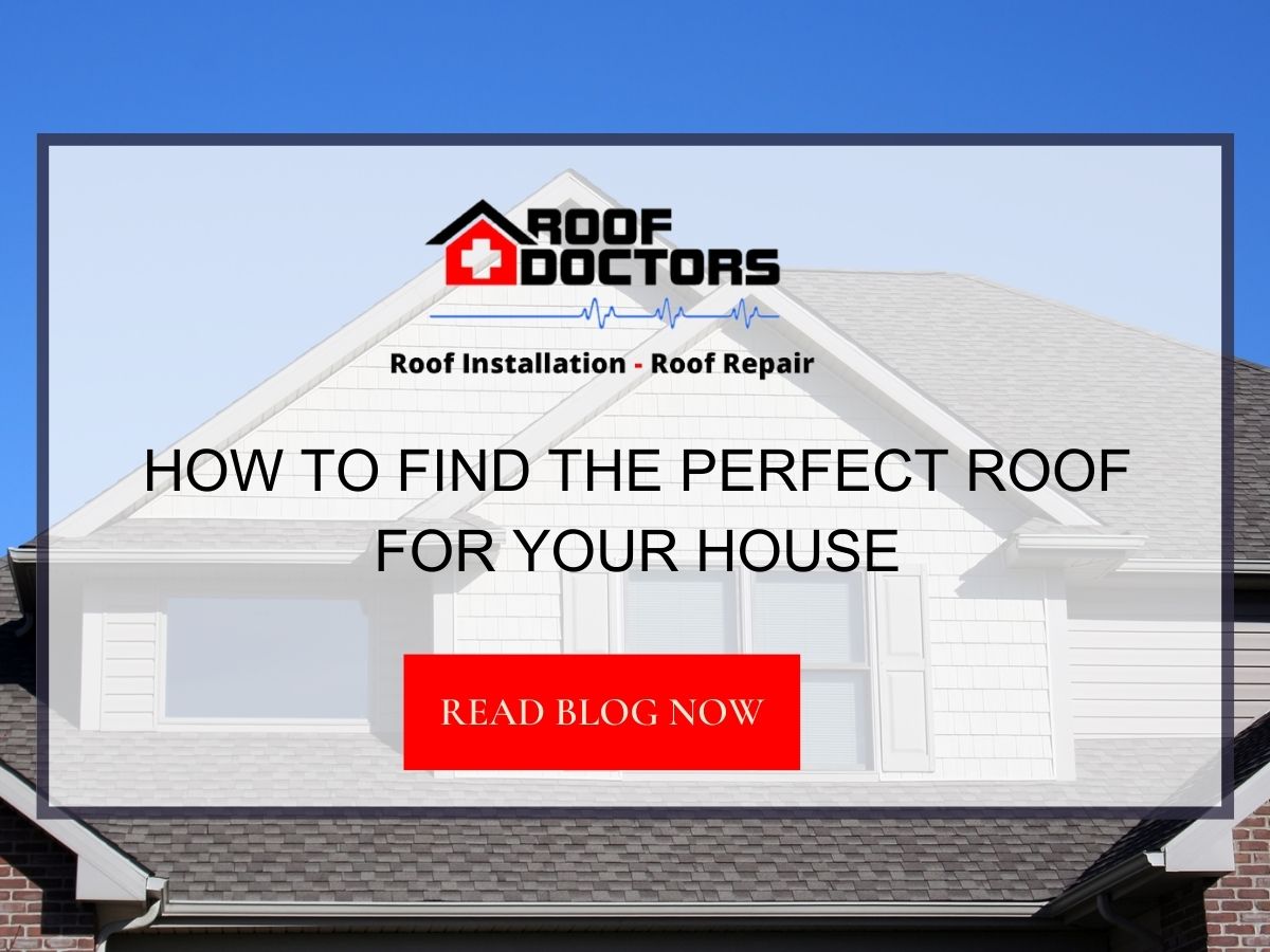 Front image of a blog titled " How To Find The Perfect Roof For Your House " with an asphalt shingle roof as the background and the title displayed in serif typography