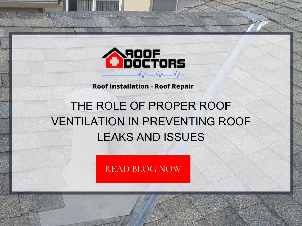 Front image of a blog titled "The role of proper roof ventilation in preventing roof leaks and issues" with a roof vent on top of an asphalt shingle roof as the background and the title displayed in serif typography