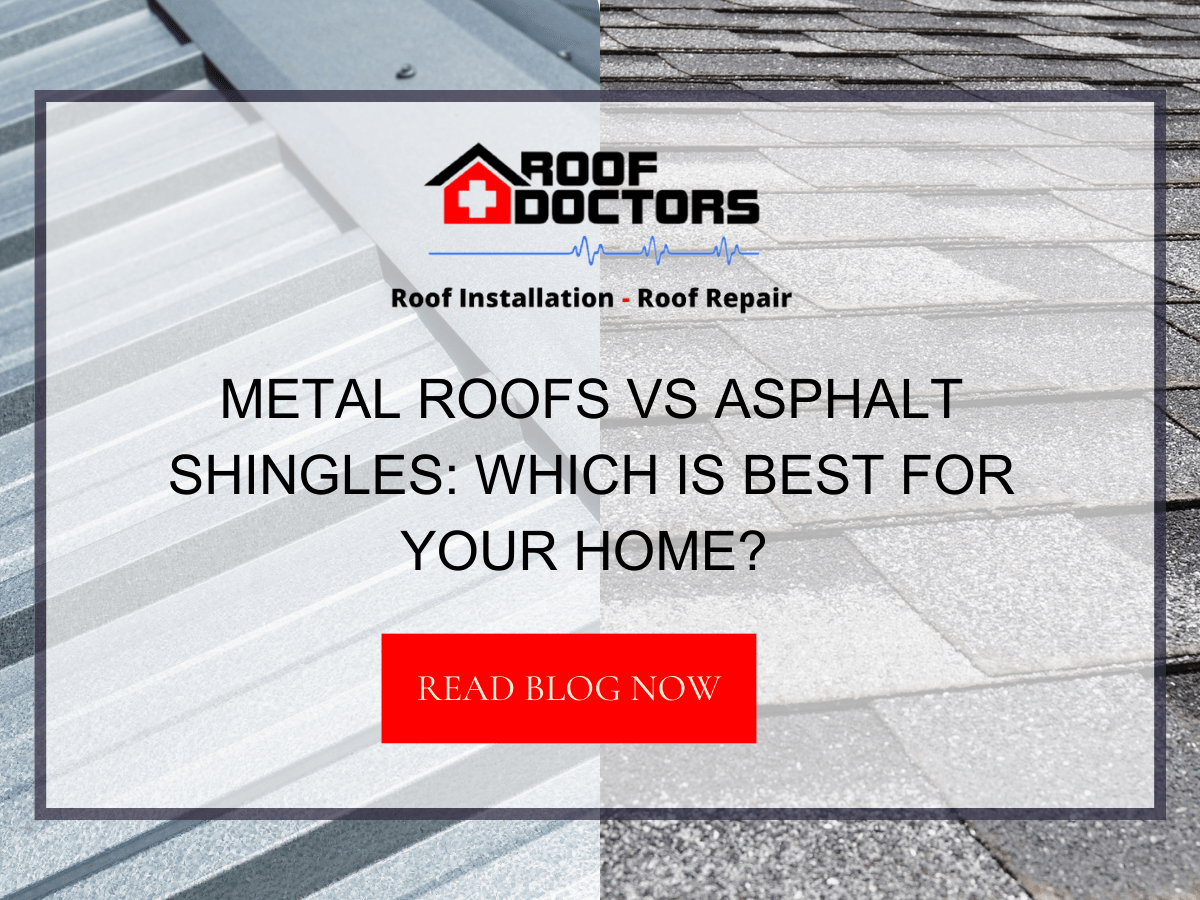 Front image of a blog titled "Metal Roofs Vs. Asphalt Shingles : Which is best for your home?" with metal roof on the right side while asphalt shingles on the left side in the background and the title displayed in serif typography