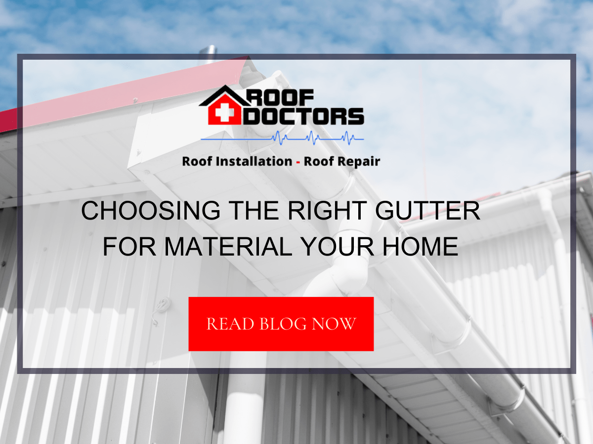 Front image of a blog titled "Choosing the right gutter material for your home" with red roof white pvc rain gutter in the background and the title displayed in serif typography