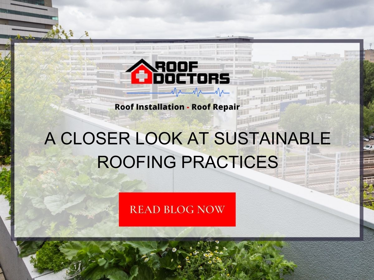 Front image of a blog titled "A Closer Look at Sustainable Roofing Practices " with a building containing green trees as the background and the title displayed in serif typography