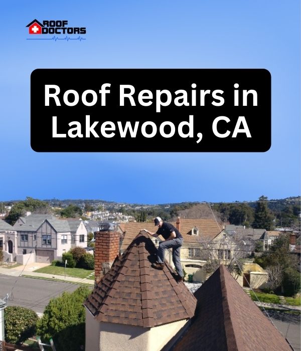 roof turret with a blue sky background with the text " Roof Repairs in Lakewood, CA" overlayed